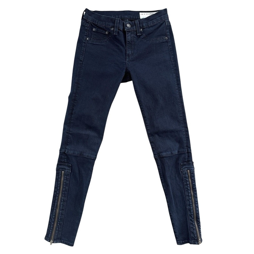 Rag & Bone Dark Indigo Blue Moto Zipper Ankle Skinny Jeans Size 26 Stretch Indie